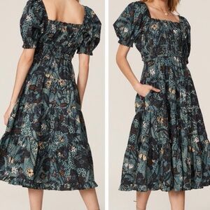 Ulla Johnson Midi Dress Size 6 Iliana Rainforest Blue Floral Tiered Prairie